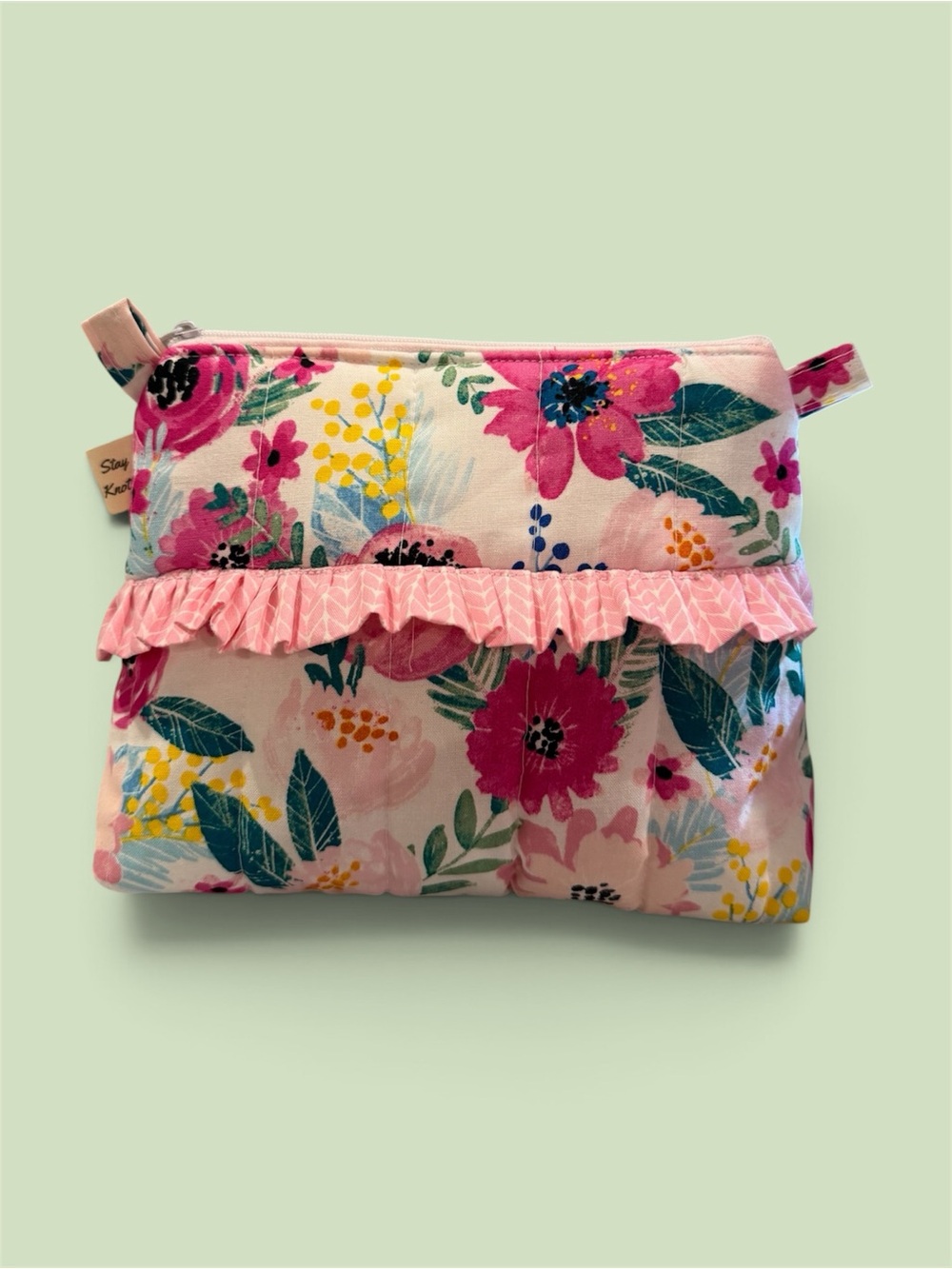 Quilted Floral Ruffle Pouch - Handmade- Pink